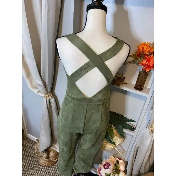 bebe GUC size Large Front Zip Velvet Like Feel Olive Green Jumpsuit - Picture 10 of 12